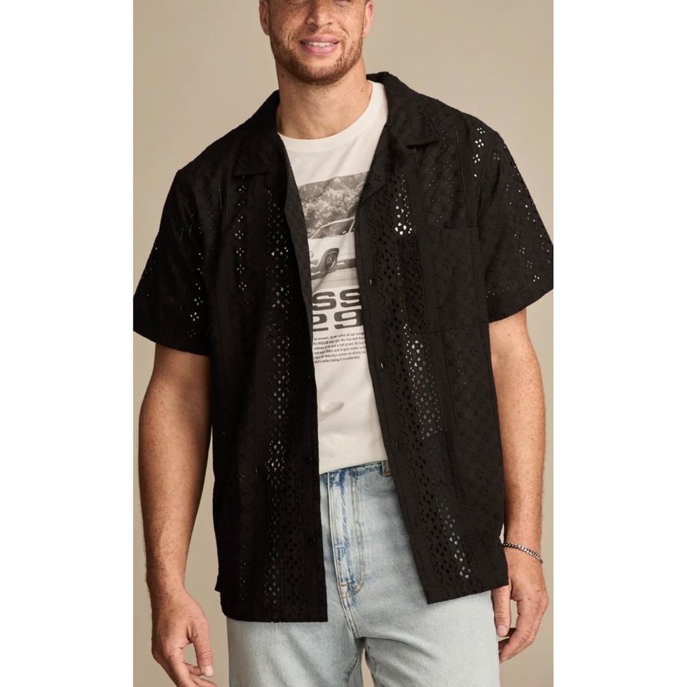Mens Short Sleeve Eyelet Camp Collar Shirt black size M NWT Cotton Button Down